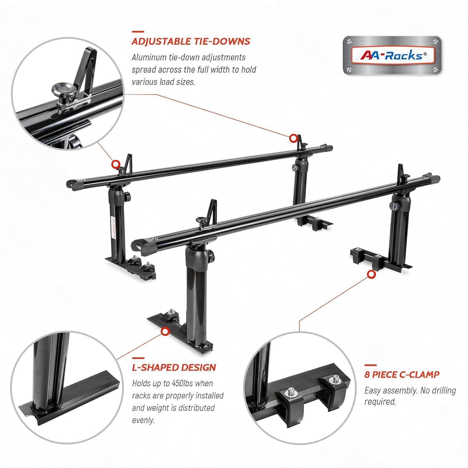 AA-Racks Model APX2501 79" Full-Size Pickup Truck Ladder Racks Low-Profile Height-Adjustable Utility Aluminum Truck Bed Rack with Load Stops-Black