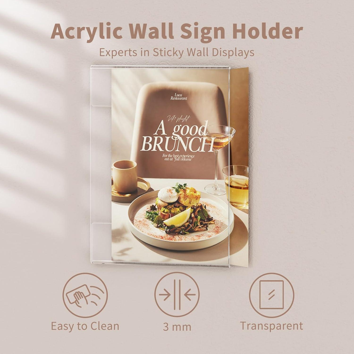 HIIMIEI Acrylic Wall Sign Holder 8.5x11 Inch Horizontal with 3M Tape, 8 1/2 x 11 Clear Plastic Plexiglass Sign Holder for Office, Home, Store, Restaurant-No Drilling(6 Pack)