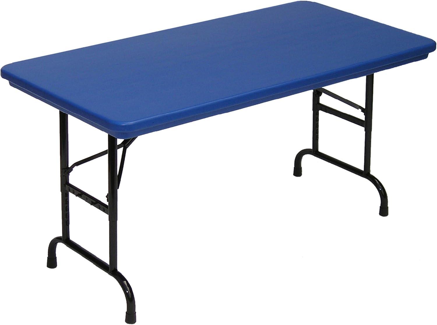 Correll BLUE Commercial Duty, Adjustable Height Plastic Top Folding Table. Height Adjusts from 22" to 32" for Kindergarten to Adult use.