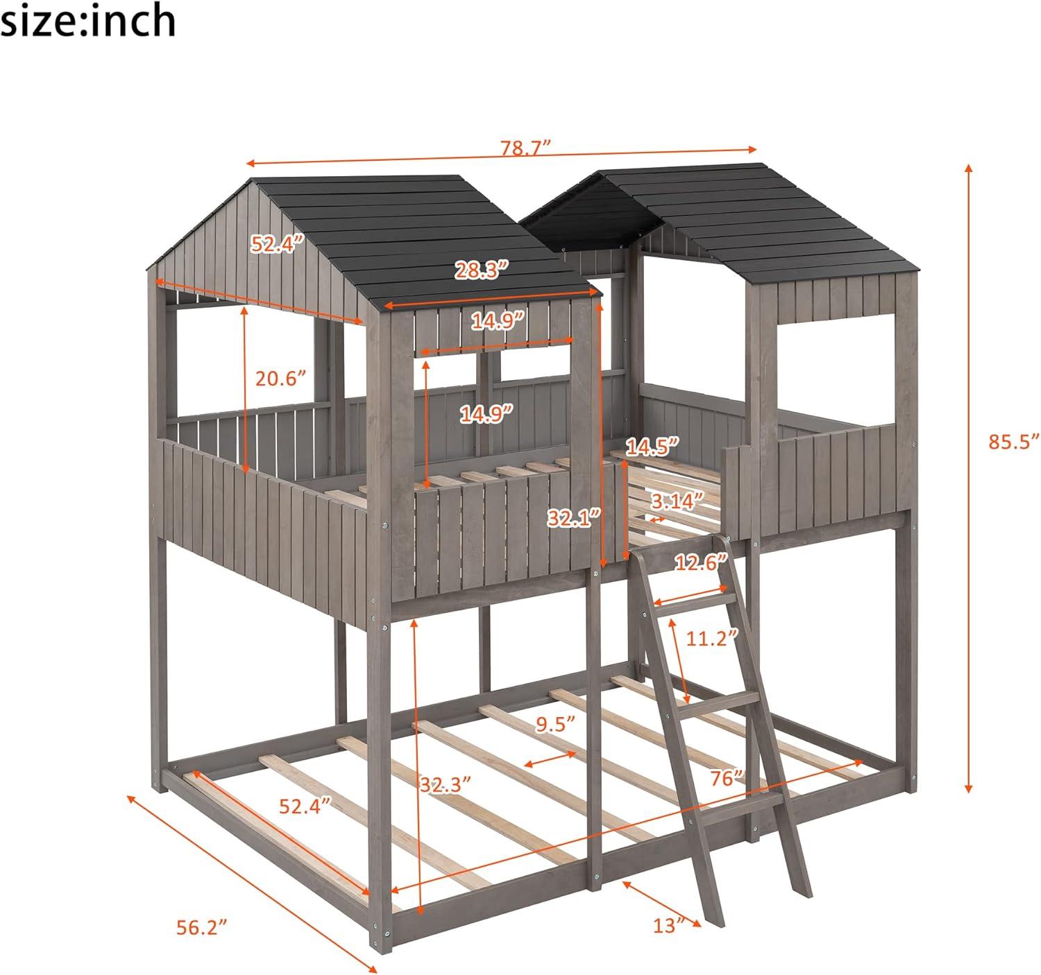 Harper & Bright Designs House Bed Bunk Beds Full Over Full Size,Wood Bunk Beds with Roof and Guard Rail for Kids,Toddlers,No Box Spring Needed,Antique Grey