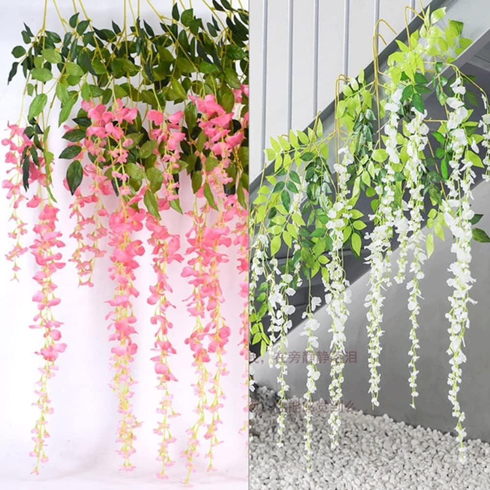 MAMOWEAR 12pcs Artificial Flower Wisteria Vines 3.6 Feet Fake Ratta Hanging Garland Silk Flowers String for Wedding Party Garden Outdoor Greenery Home Wall Décor(White)