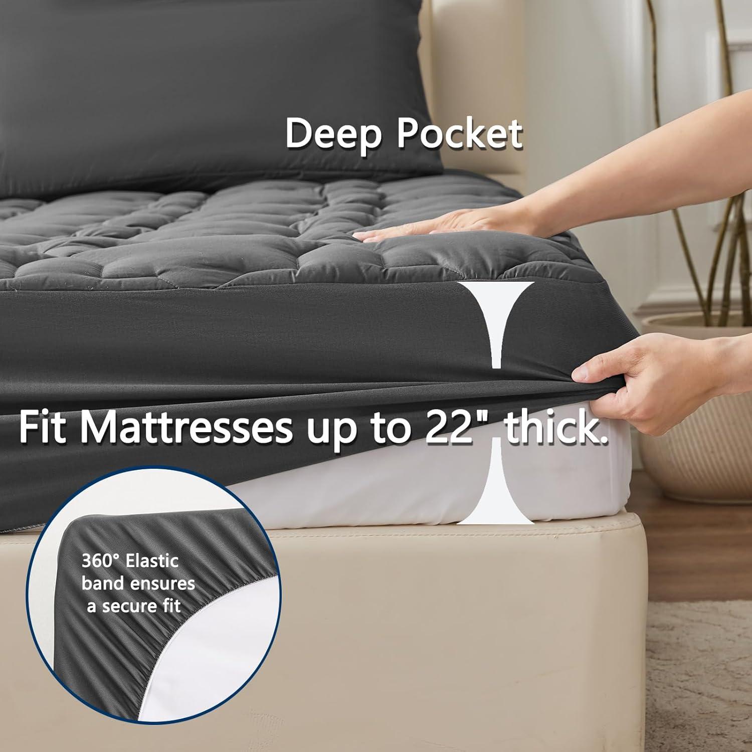 Full Dark Grey Cotton Quilted Mattress Pad with Deep Pockets