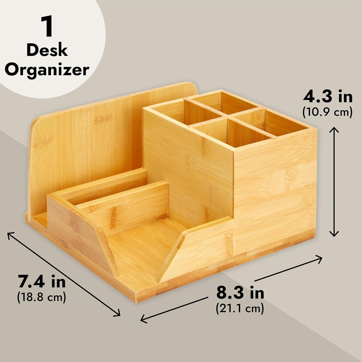 Bamboo Desk Organizer, Wooden Desk Accessories Workspace Organizers, Holder for Pencils, Pens, Tabletop Storage with 7 Compartments for Office Supplies, Home (8x7.5 In)