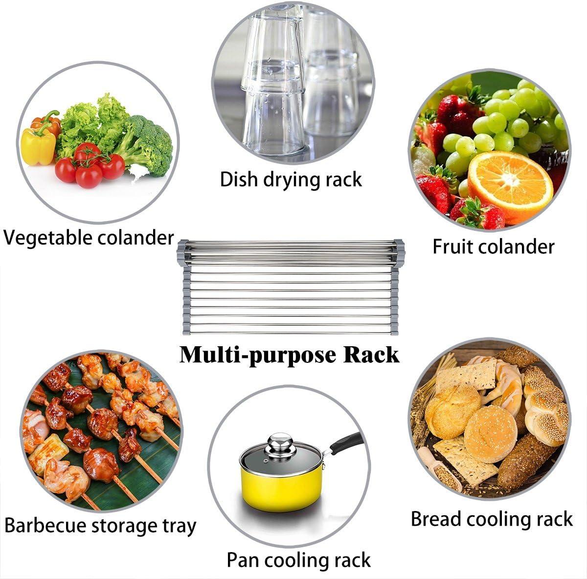 Roll Up Dish Drying Rack 20.5"(L) x 13.8"(W) - Stainless Steel and Silicone Dish Drying Mat Over The Sink Foldable Drain Rack Multipurpose Dish Drainer Extra Large, Gray
