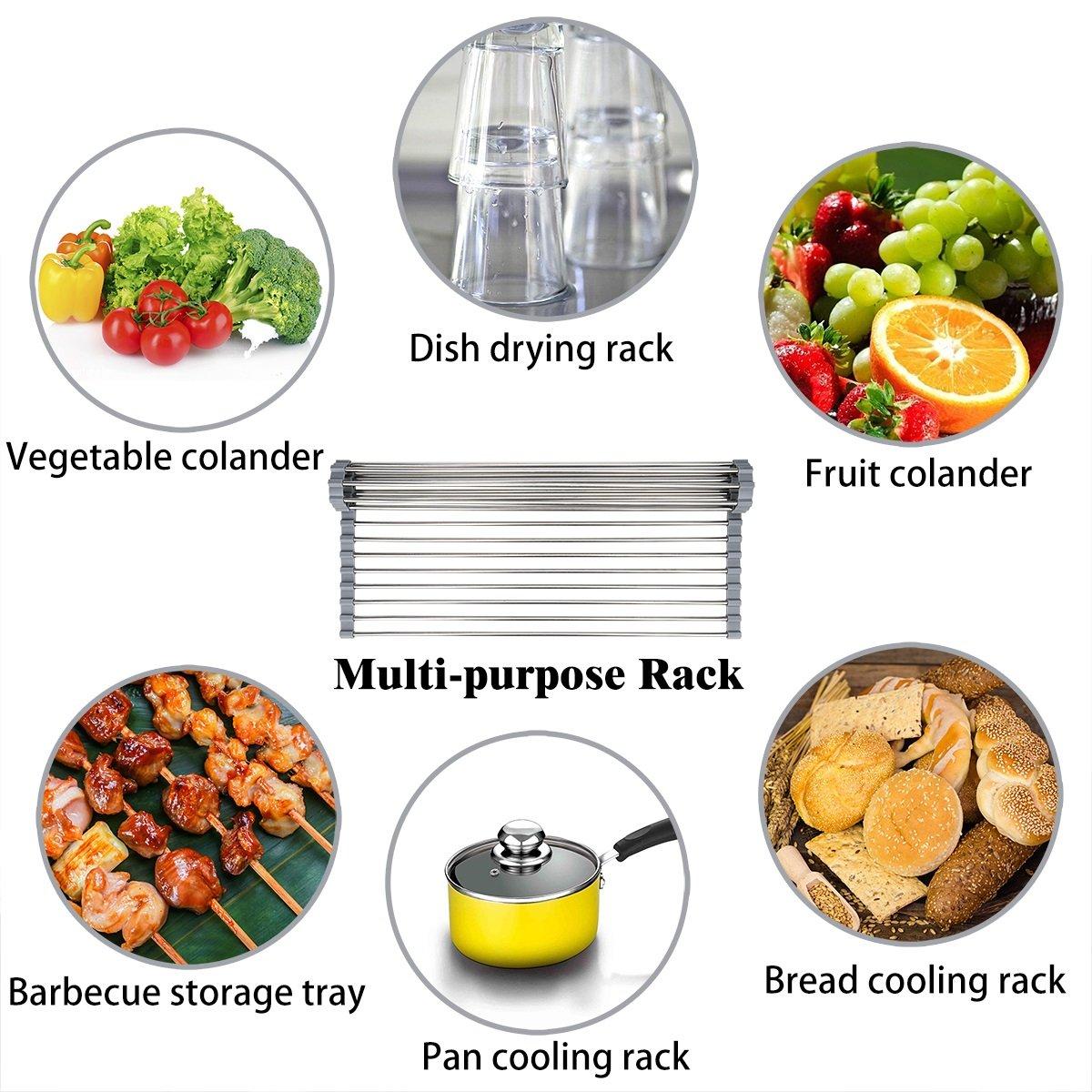 Roll Up Dish Drying Rack 20.5"(L) x 13.8"(W) - Stainless Steel and Silicone Dish Drying Mat Over The Sink Foldable Drain Rack Multipurpose Dish Drainer Extra Large, Gray
