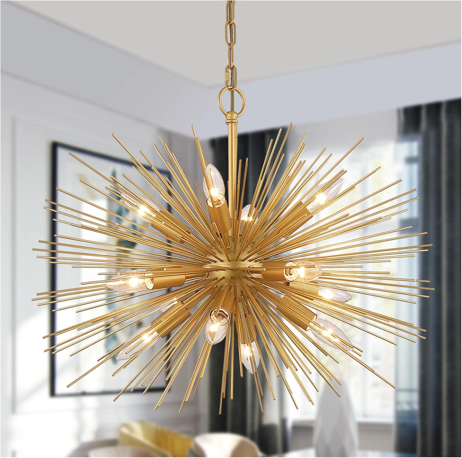 Gold 12-Light Sputnik Starburst Chandelier with Adjustable Chain