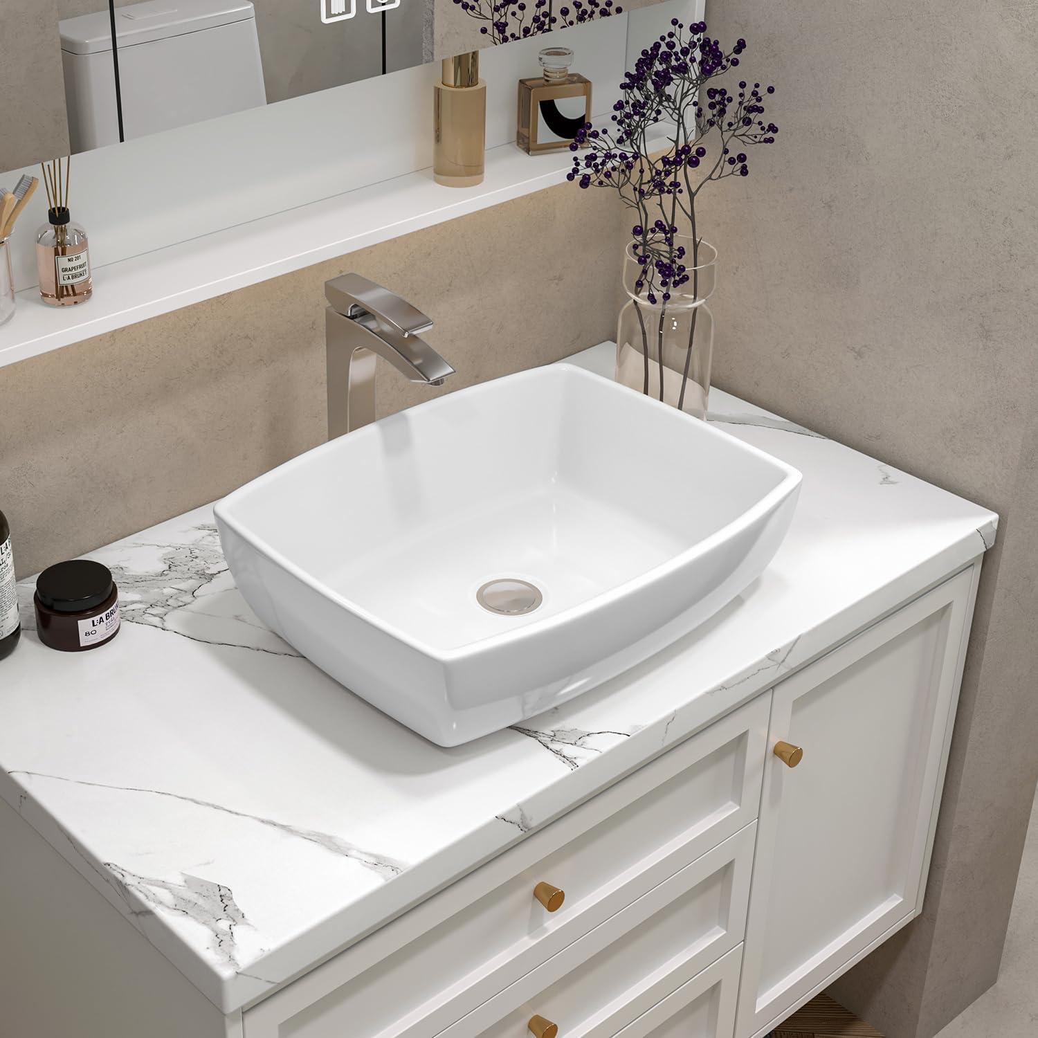 Sinber 19" x 14" x 5" White Rectangular Ceramic Countertop Bathroom Vanity Vessel Sink C4181-OK