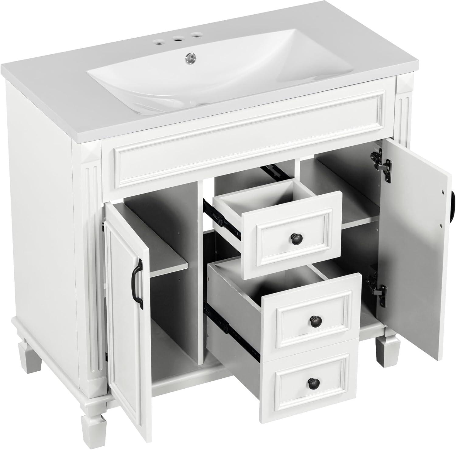 White Freestanding Bathroom Vanity with Ceramic Sink and Storage