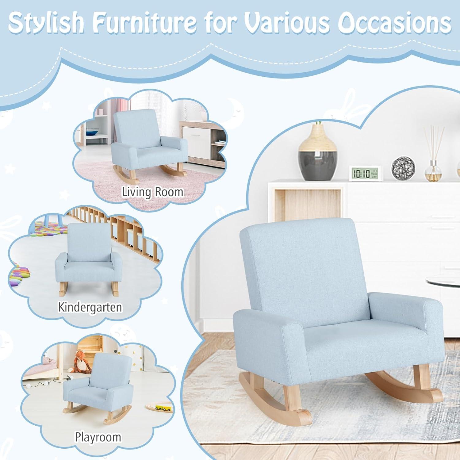 Infans Kids Rocking Chair Children Armchair Linen Upholstered Sofa w/ Solid Wood Legs