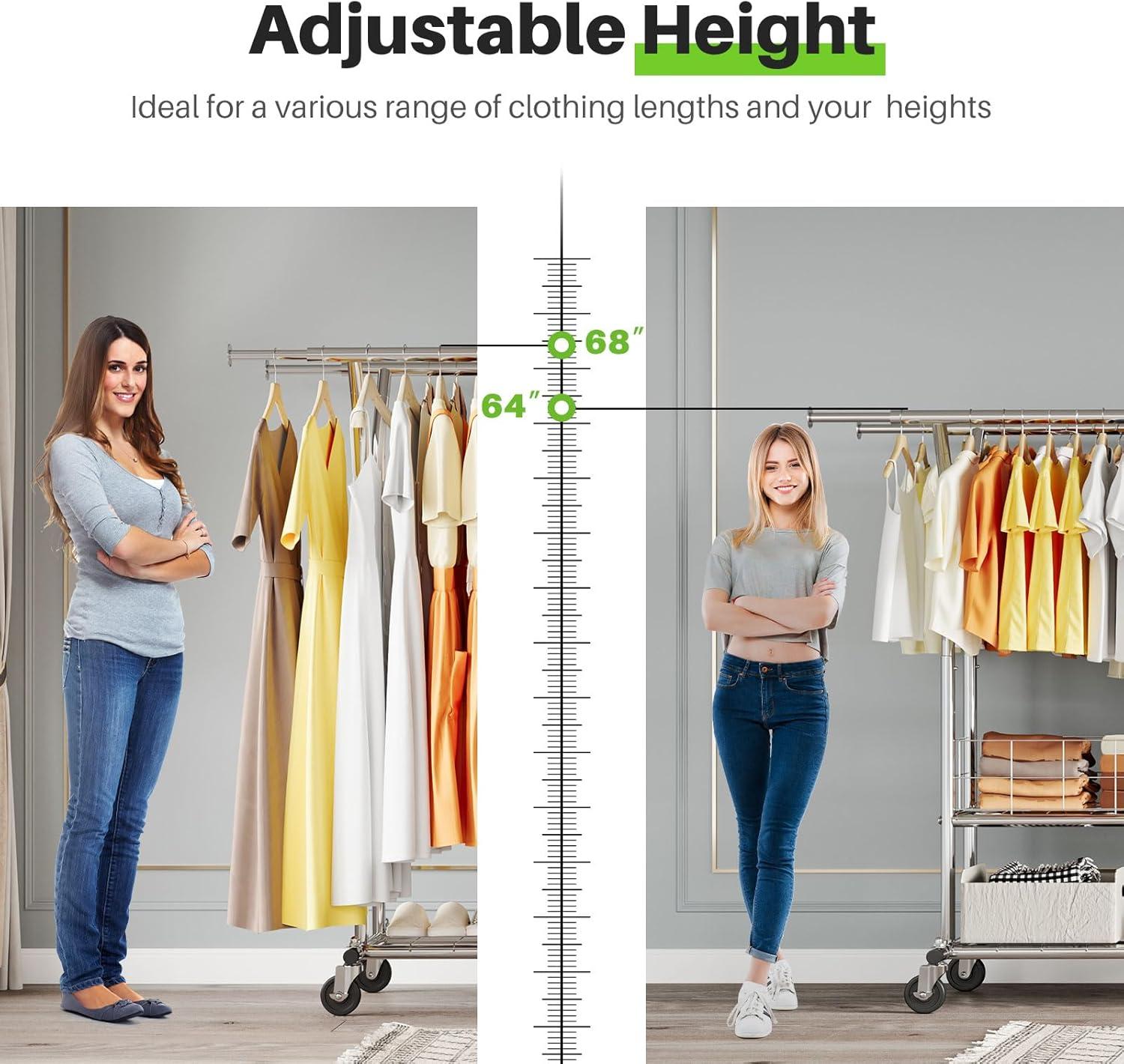 HOKEEPER Heavy Duty Clothing Clothes Rack for Hanging Clothes Adjustable Rolling Garment Rack with Wheels for Bedroom, Living Room (Double Rod with Metal Basket)