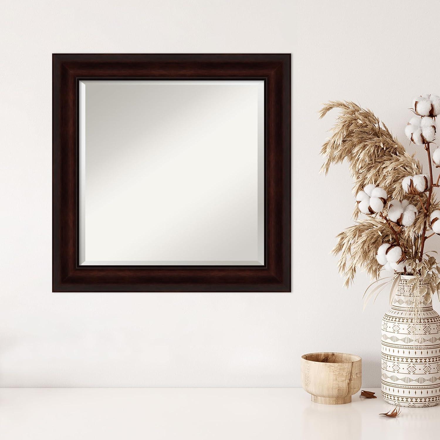 Amanti Art Beveled Bathroom Wall Mirror - Coffee Bean Brown Frame - Coffee Bean Brown Outer Size: 25 x 25 in