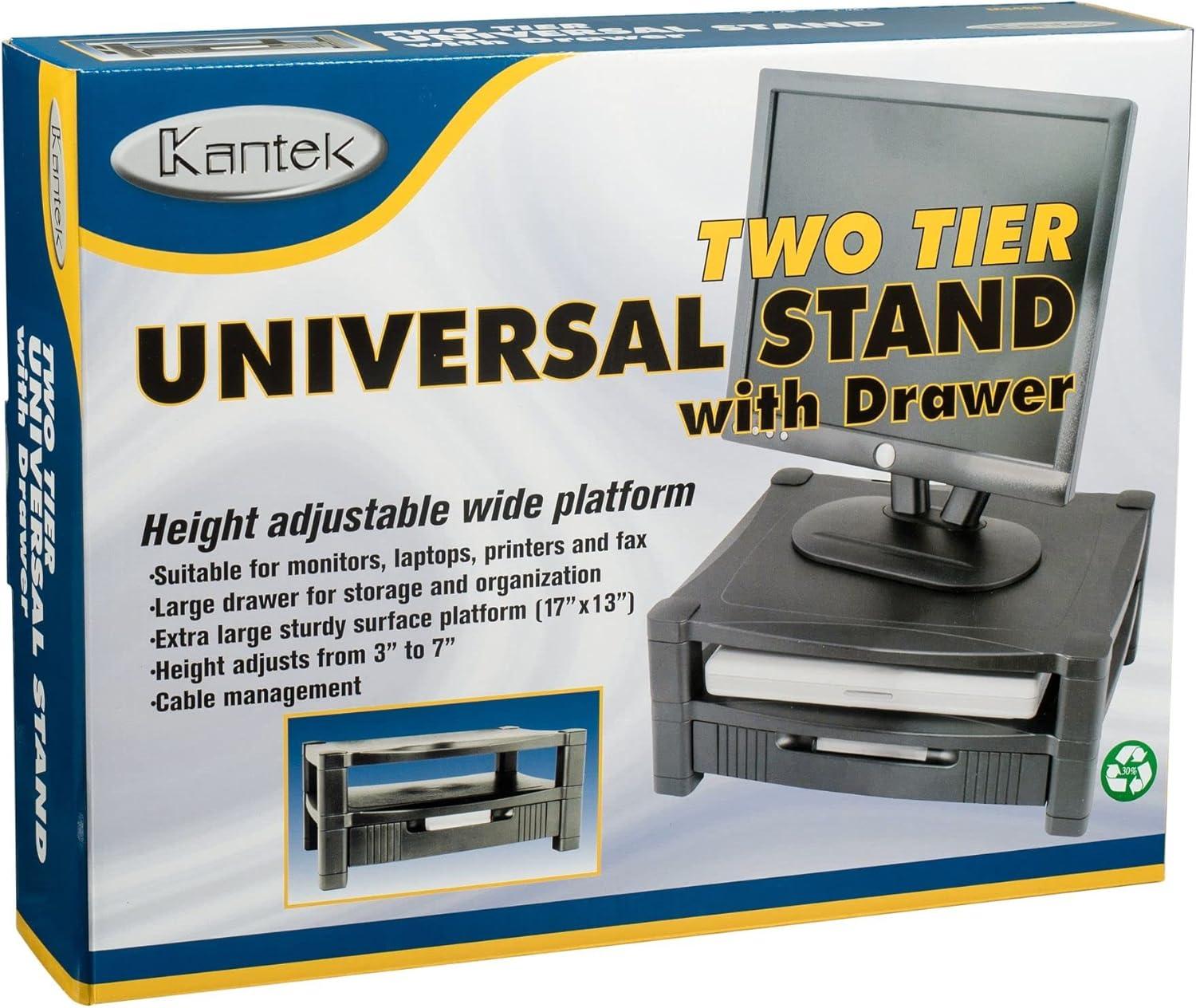 Kantek MS420 Height-Adjustable Stand with Drawer, 17 x 13 1/4 x 3 to 6 1/2, Black