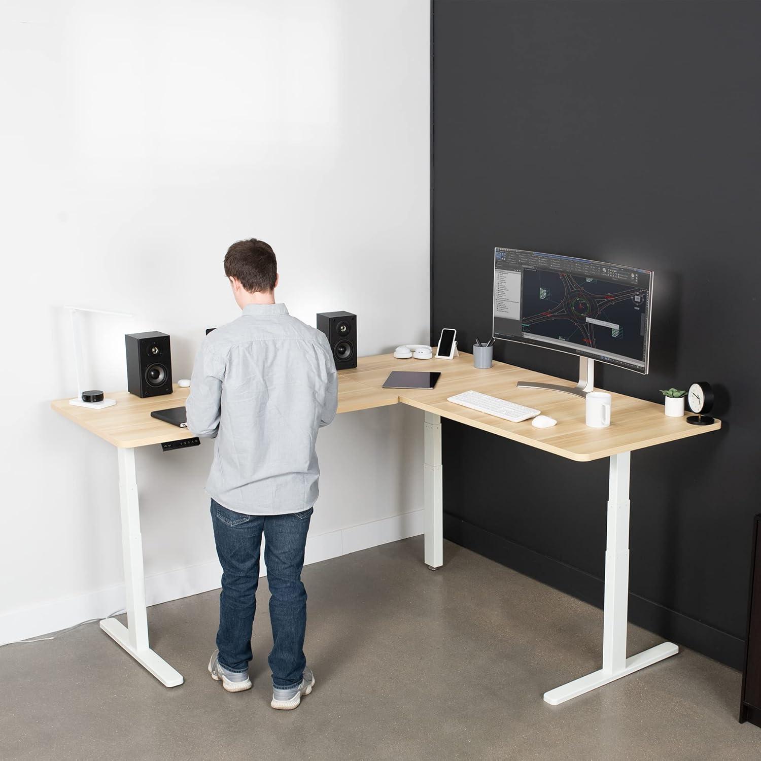 Electric Adjustable Corner Desk in Light Wood & White, 77" x 71"