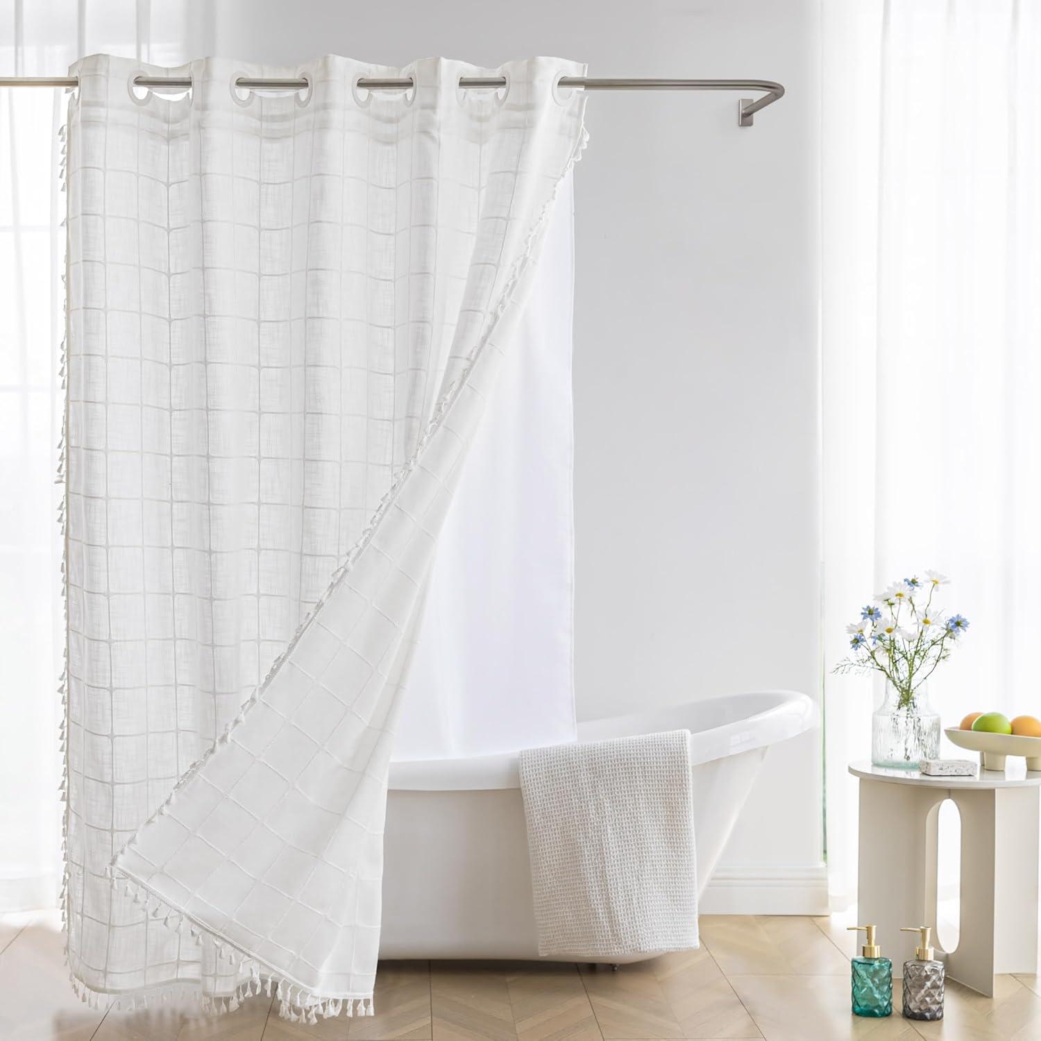 Hokku Designs Farmhouse Shower Curtain With Snap-In Liner,No Hooks Needed,Boho Fabric Shower Curtains With Tassels For Rustic Neutral Bathroom Decor,With Magnets,Water Repellent&Machine Washable,White,71X74inch