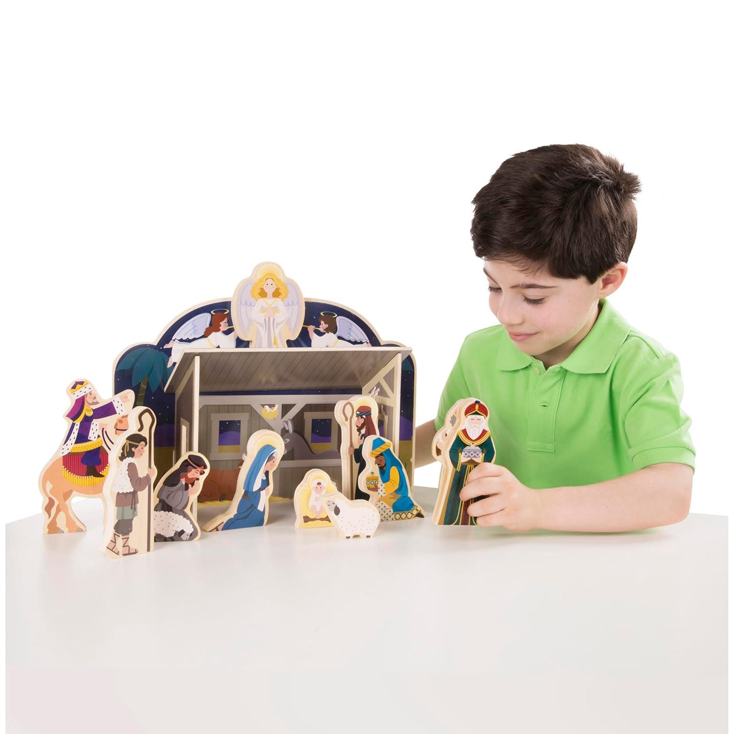 Melissa & Doug Classic Wooden Christmas Nativity Set With 4-Piece Stable and 11 Wooden Figures