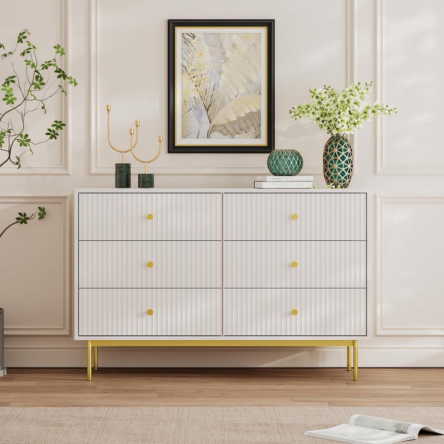 6 Drawer Dresser for Bedroom,Modern Bedroom Dresser,Fluted White and Gold Dresser with Curved Profile Design