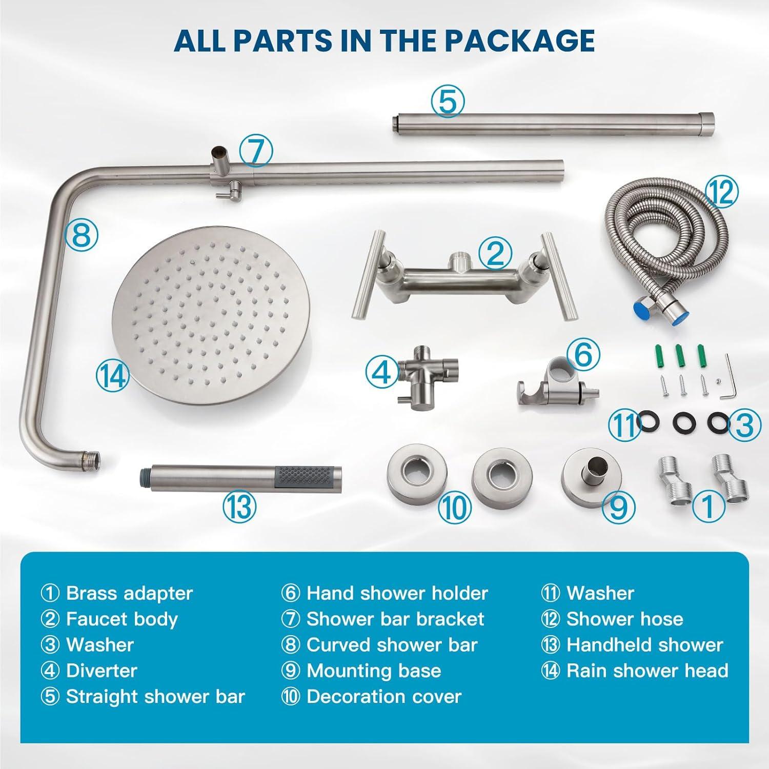 gotonovo SUS304 Outdoor Shower Fixture High Pressure Shower System Combo Wall Mount 2 Dual Function Shower Faucet Set Round Handheld Spray Brushed Nickel Single Handle