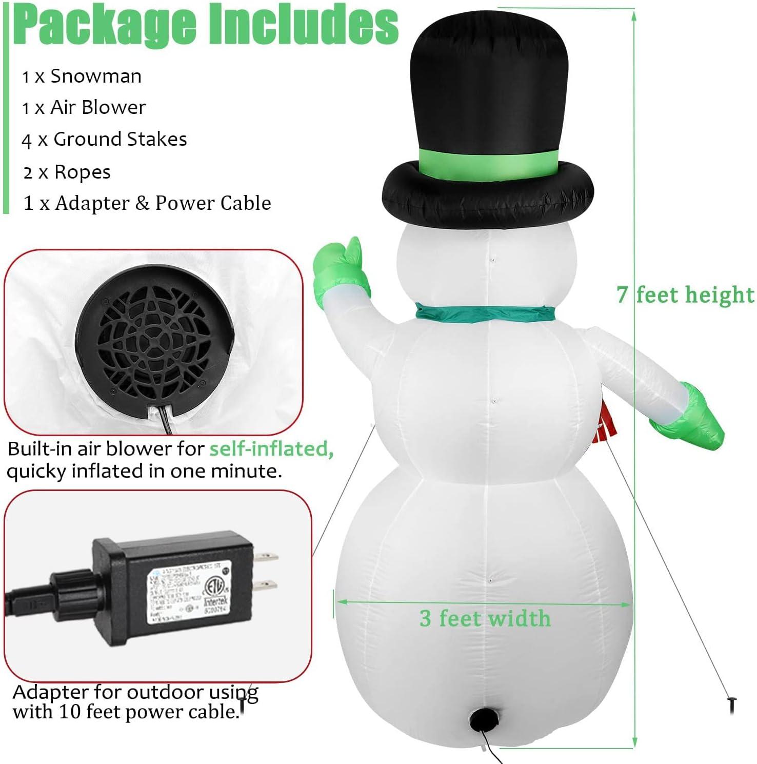 7-Foot Bright White LED Inflatable Snowman with Black Hat