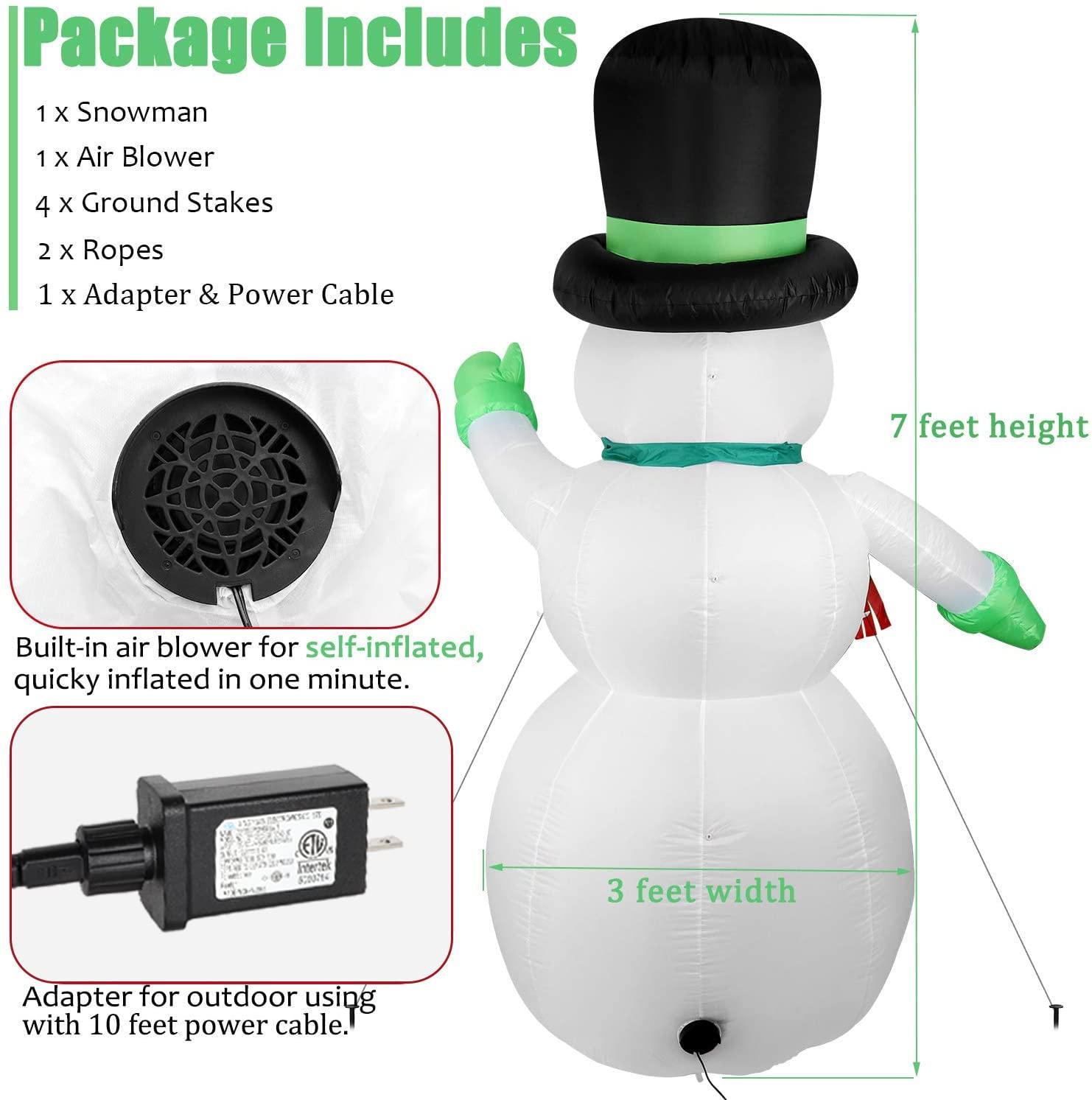 7-Foot Bright White LED Inflatable Snowman with Black Hat
