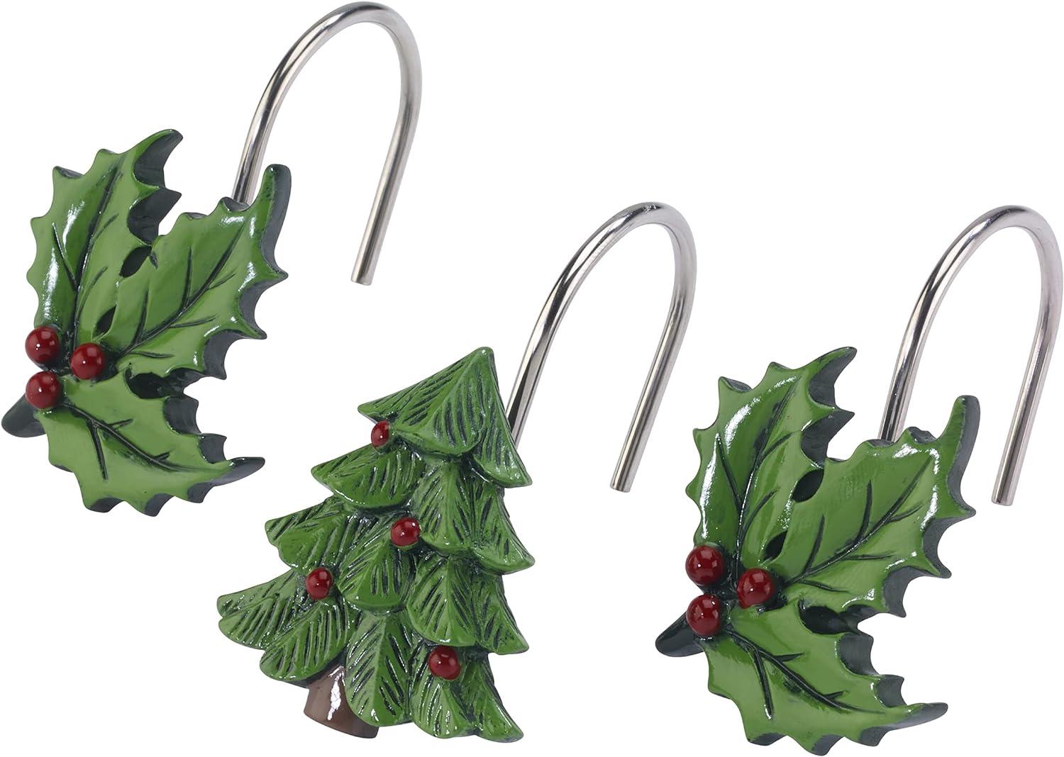 Hand-Painted Resin Christmas Tree and Holly Shower Hooks Set