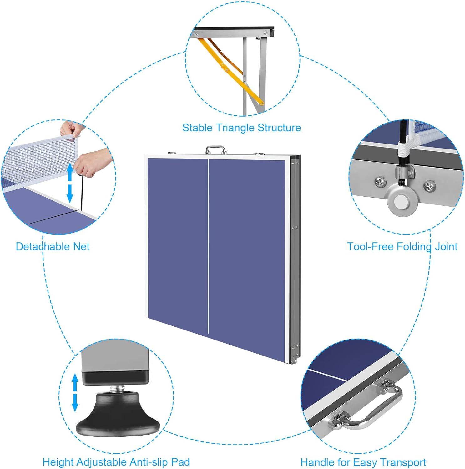 Gzxs Portable Ping Pong Table, Folding Tennis Table Game Set with Net, 2 Table Tennis Paddles and 3 Ping Pong Balls for Indoor/Outdoor Use (Blue)