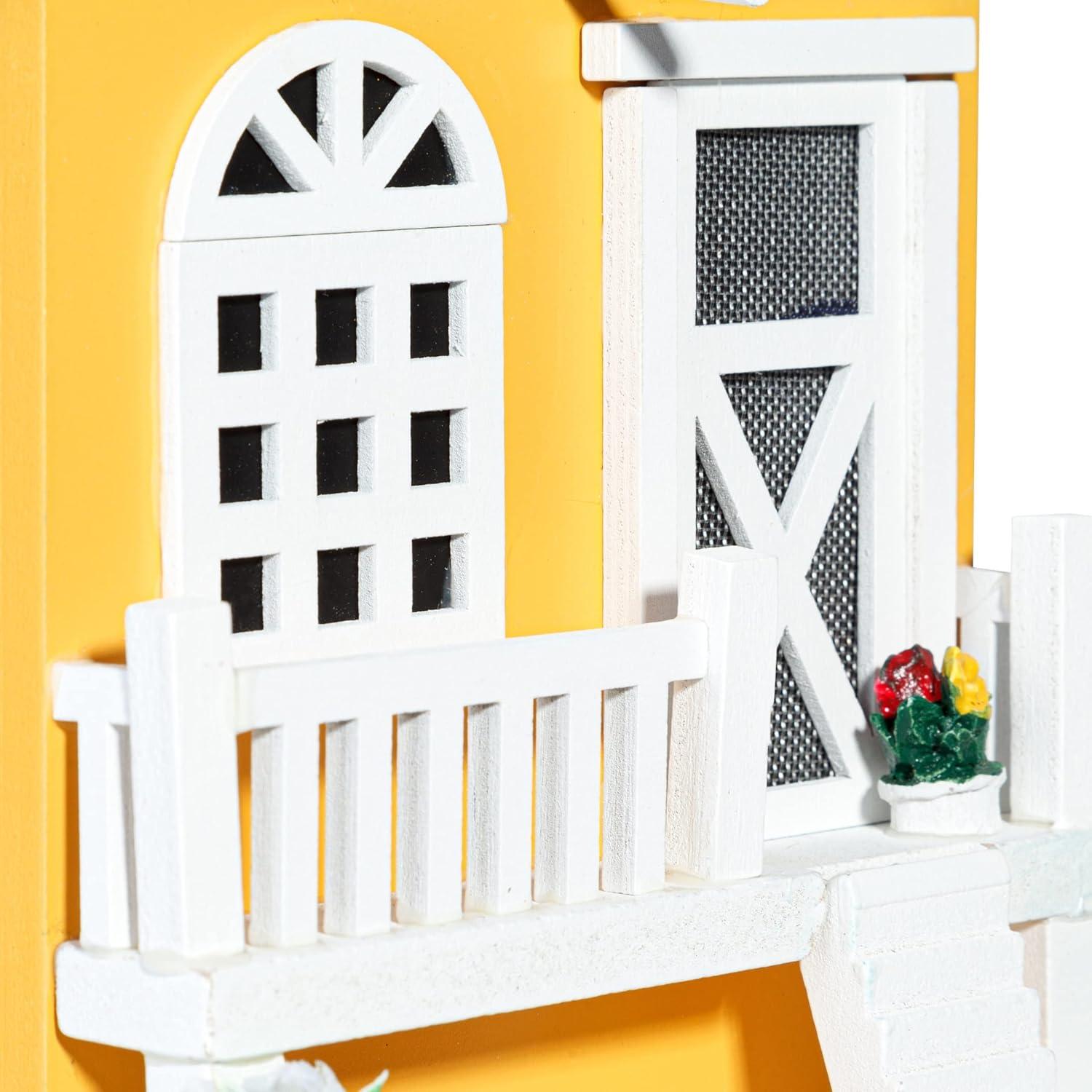 Colorful Wooden Birdhouse with Blue Roof and Yellow Walls