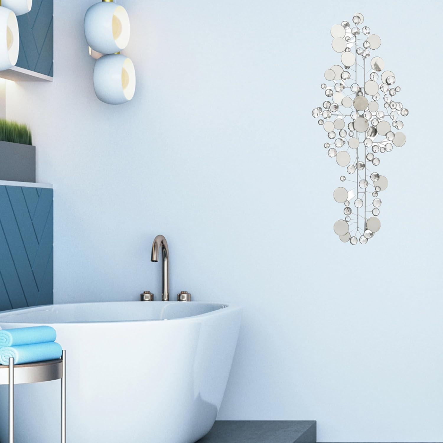 Modernist Floating Circles, Abstract Metal Wall Art, Artisan Crafted, Roundels of Silver, Mirrors, Faux Multi Carat Diamonds, Iron, Over 3 Ft Long, Hangers on Back