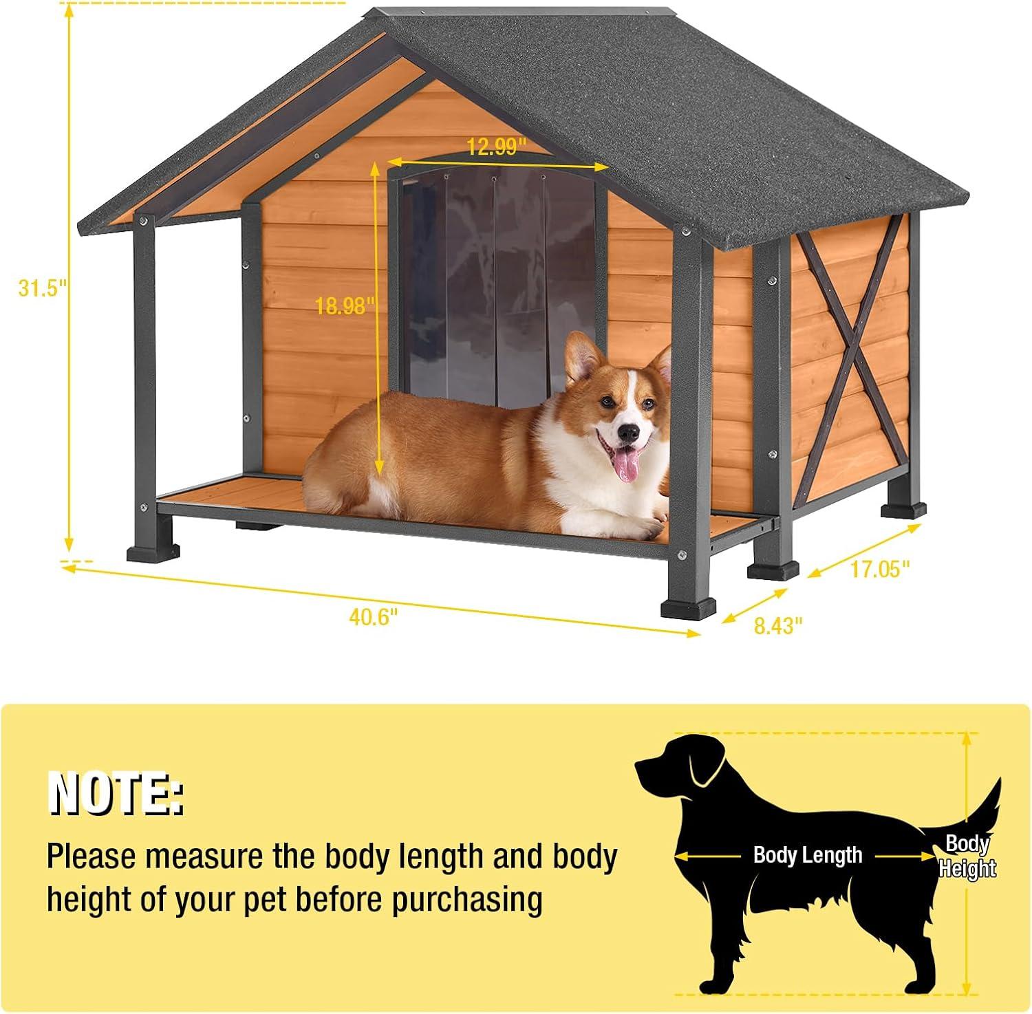 Aivituvin Anti-chewing Wooden Dog House 34.3"D Kennels for Outdoor & Indoor Large Porch Weatherproof, Brown