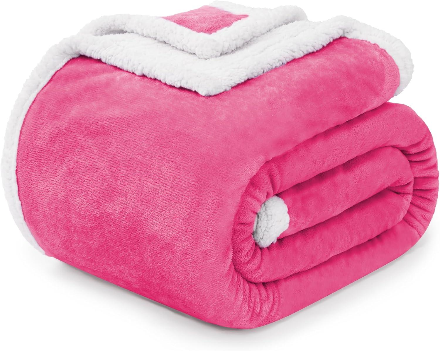 Queen Pink Reversible Sherpa Fleece Throw Blanket