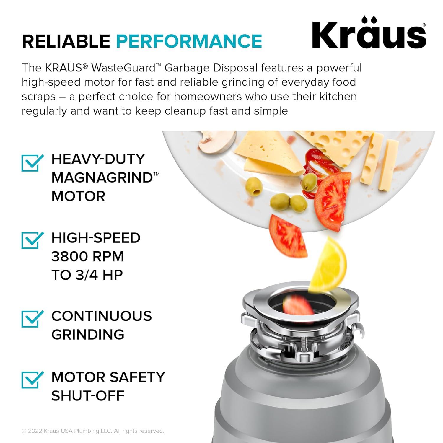 Kraus KRAUS Wasteguard High-Speed 3/4 HP Continuous Feed Ultra-Quiet Motor Garbage Disposal With Power Cord And Flange Included And Universal Mount, KWD210-75MGR