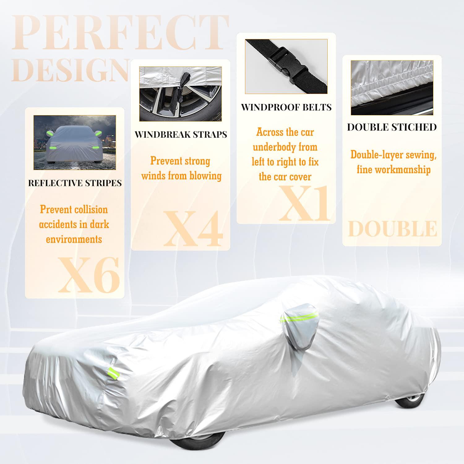 Car Cover, GORDITA Car Covers Waterproof All Weather Snowproof Windproof Scratch Resistant Outdoor UV Protection with 6 Reflective Strips, Size 3XL Universal Fit for Sedan (Up to 193")
