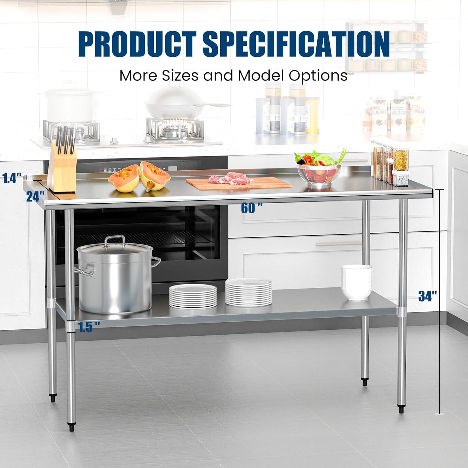 HARDURA Stainless Steel Table Prep & Work Table 24 x 60 Inches NSF Heavy Duty Commercial with Undershelf and Backsplash for Restaurant Kitchen Home and Hotel