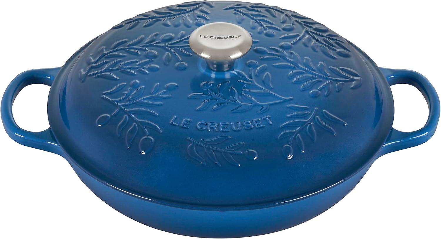 Blue Enameled Cast Iron Round Braiser with Embossed Lid, 3.5 Quarts