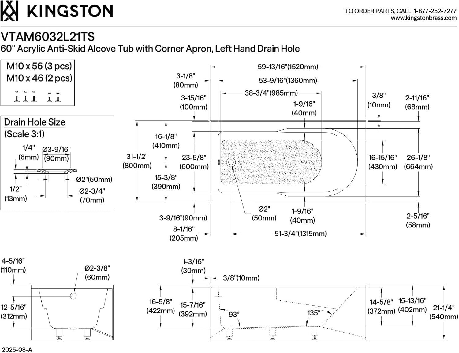 Kingston Brass Aqua Eden 60-Inch Acrylic Rectangular 2-Wall Corner Alcove Tub, Hand Drain