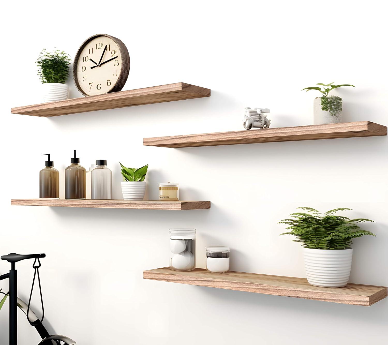 Wood Floating Shelves for Wall Decor, Rustic Wall Shelves for Bedroom Bathroom Kitchen Living Room, Set of 4 Light Walnut 24 Inch