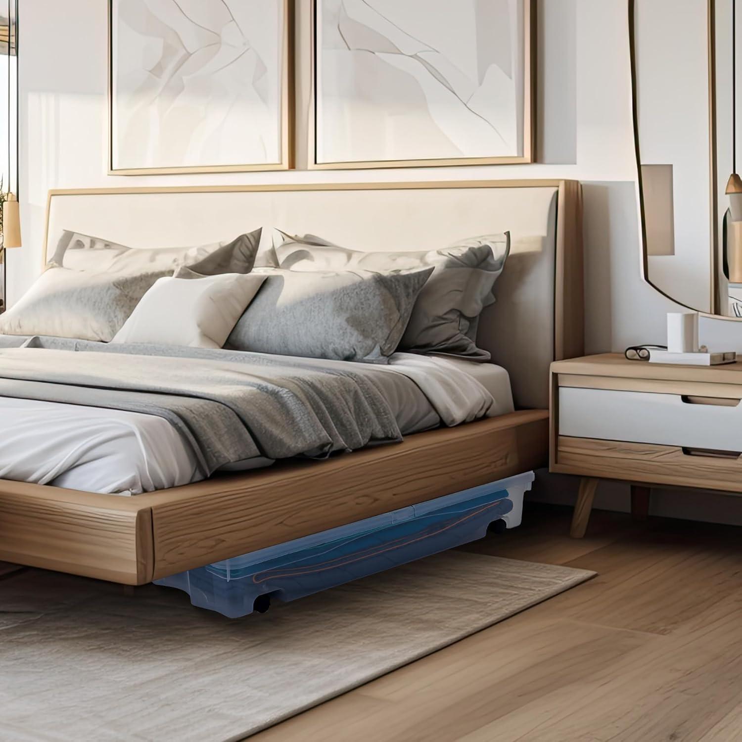 Rubbermaid Under Bed Wheeled Storage Box, 2-Pack, Made In USA, Plastic Containers With Dual-Hinged Lids And Sturdy Wheels, Visible Organization For Tight Spaces