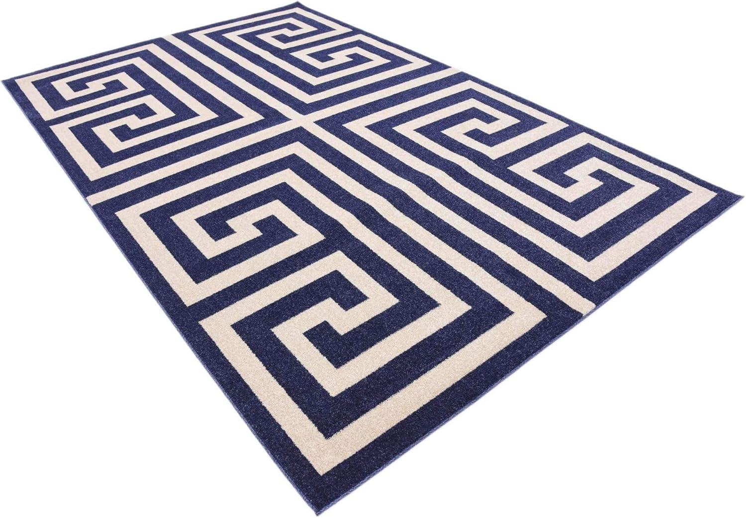 Unique Loom Greek Key Athens Rug Navy Blue/Beige 6' 1" x 9' Rectangle Geometric Modern Perfect For Living Room Bed Room Dining Room Office