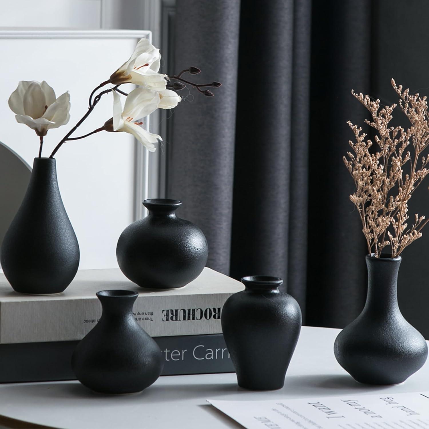 Ivy Bronx Small Black Vases, Ceramic Bud Vase Set Of 5, Mini Pottery Vases For Pampas Grass, Flowers, Decorative Vases (Set of 5)