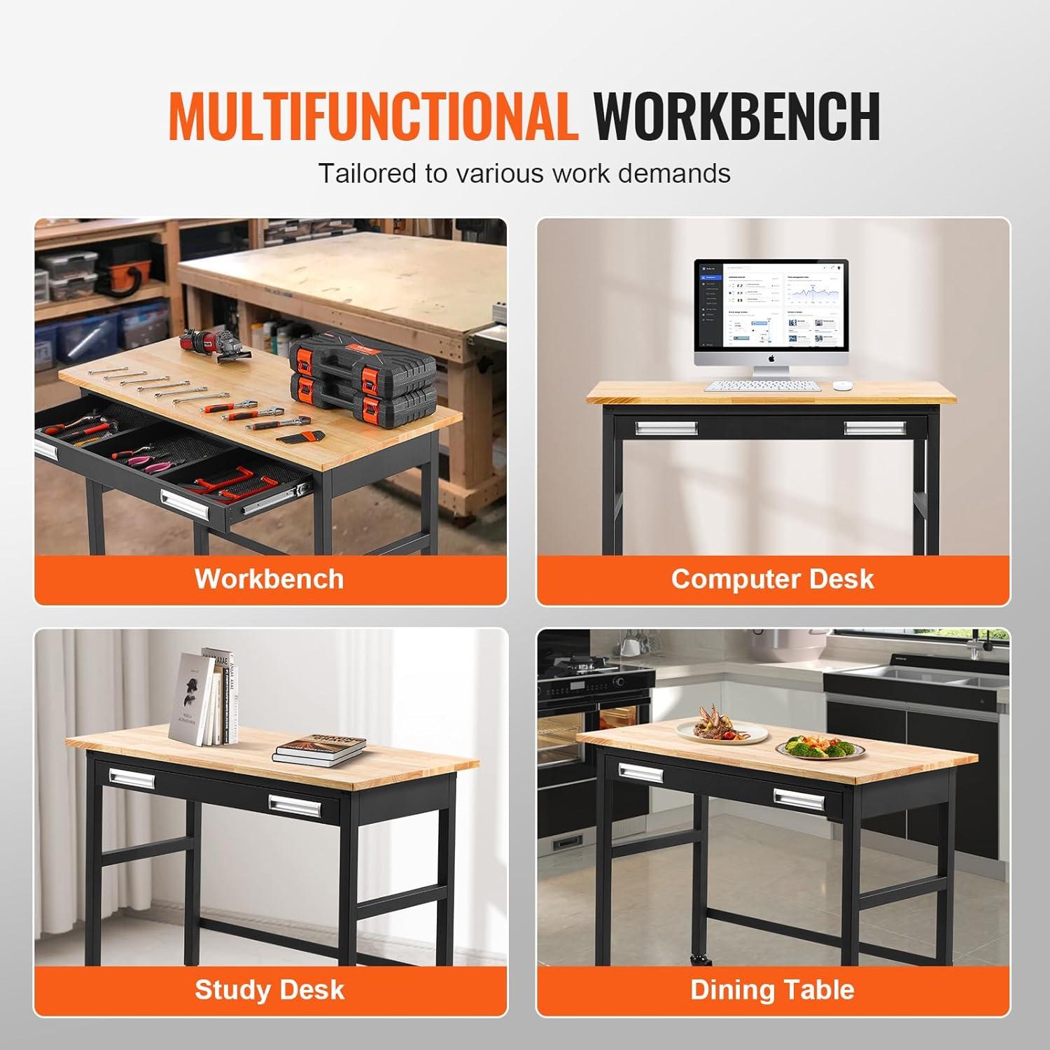 VEVOR Workbench, 48-inch Garage Workbench with Drawer Storage & Wheels, 1500 lbs Load Capacity Workshop Bench on Wheels, Heavy Duty Oak Wood Top Work Table for Garage, Workshop, Office, and Home