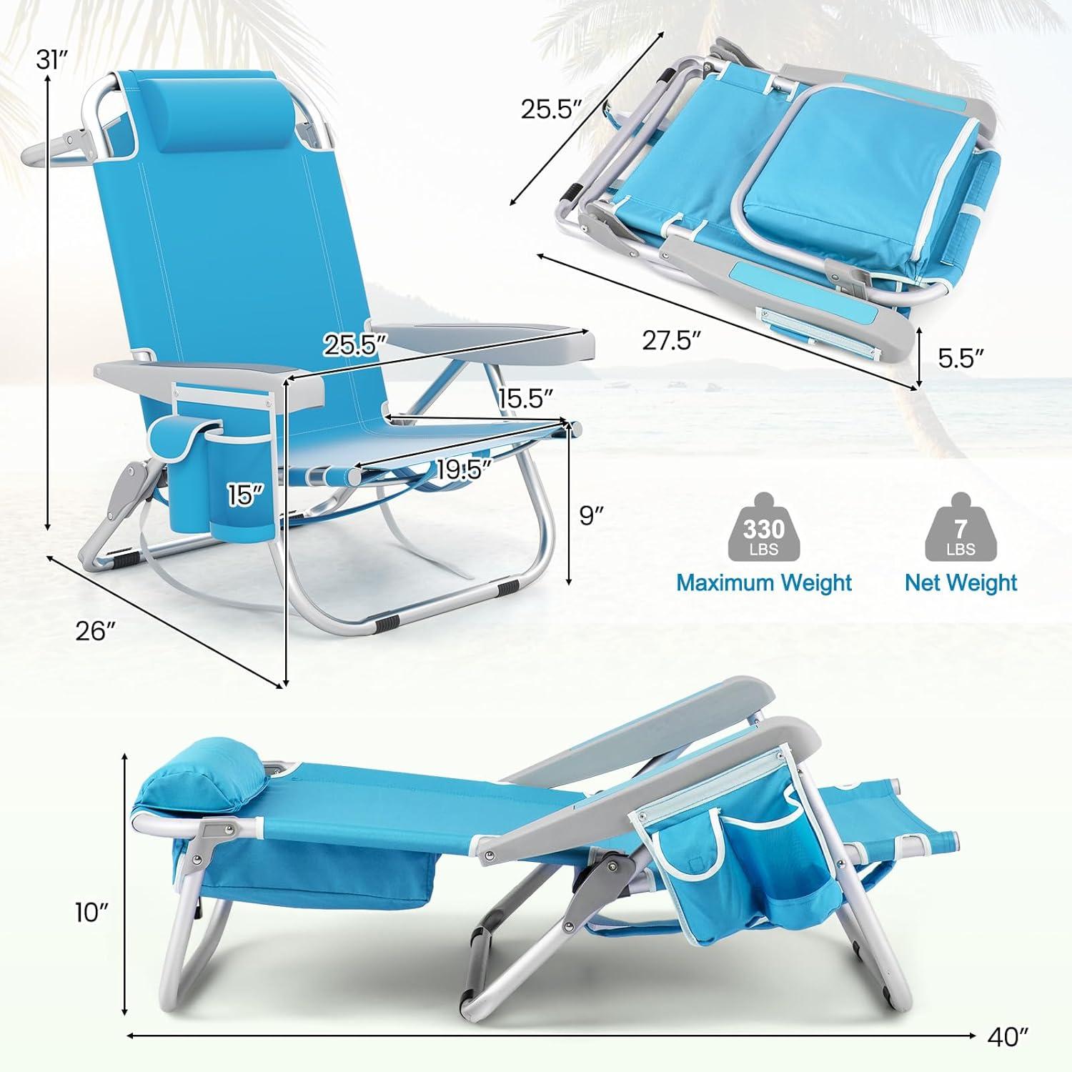 Barara King Folding Chair, Outdoor Lounge Chair,Foldable Backpack Beach Chair with Cup Holder and Storage Pockets Set of 2-Blue