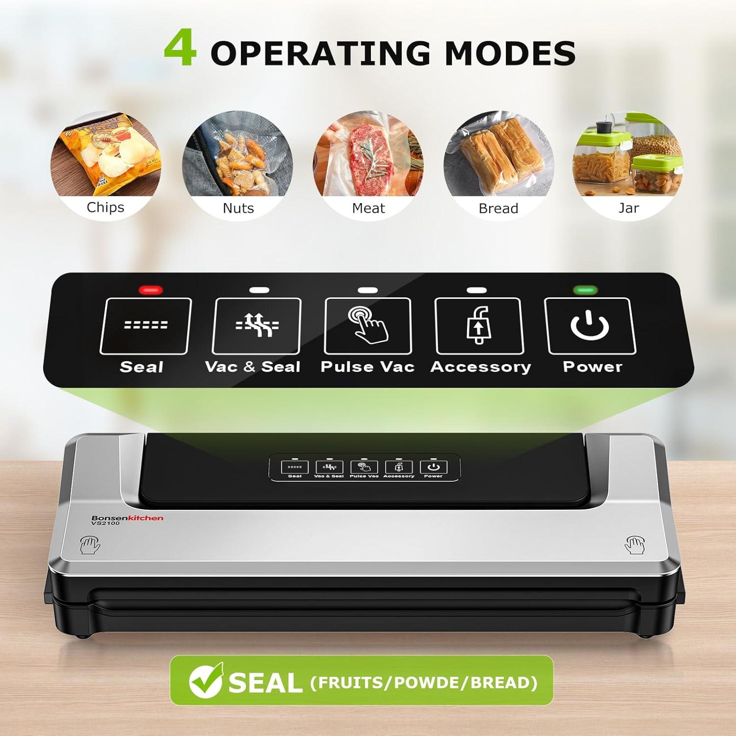 Bonsenkitchen Multi-Functional Food Vacuum Sealer with Globefish Technology for High-Speed Continuous Working, Vacuum Bags & Accessory Hose, Black