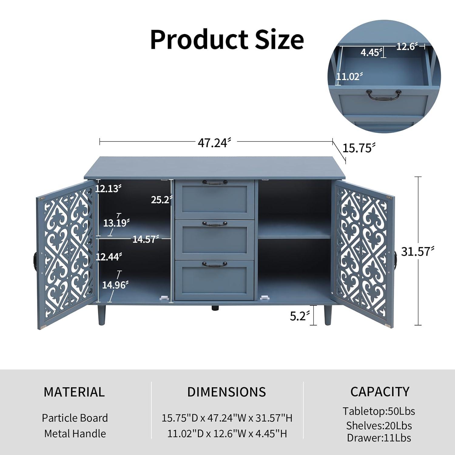 Sideboard Buffet Cabinet with Storage - Accent Storage Cabinet with Hollow Carved Pattern, Modern 2 Door 3 Drawer Cabinet, Farmhouse Wood Credenza for Living Room, Dining Room (Blue)