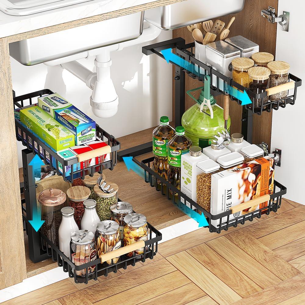Rebrilliant Under Sink Organizer, 2 Tier Under Sink Organizers And Storage, Metal Slide Out Pull Out Cabinet Organizer ,2 Pack Sliding Drawer Organizer For Kitchen Bathroom Pantry