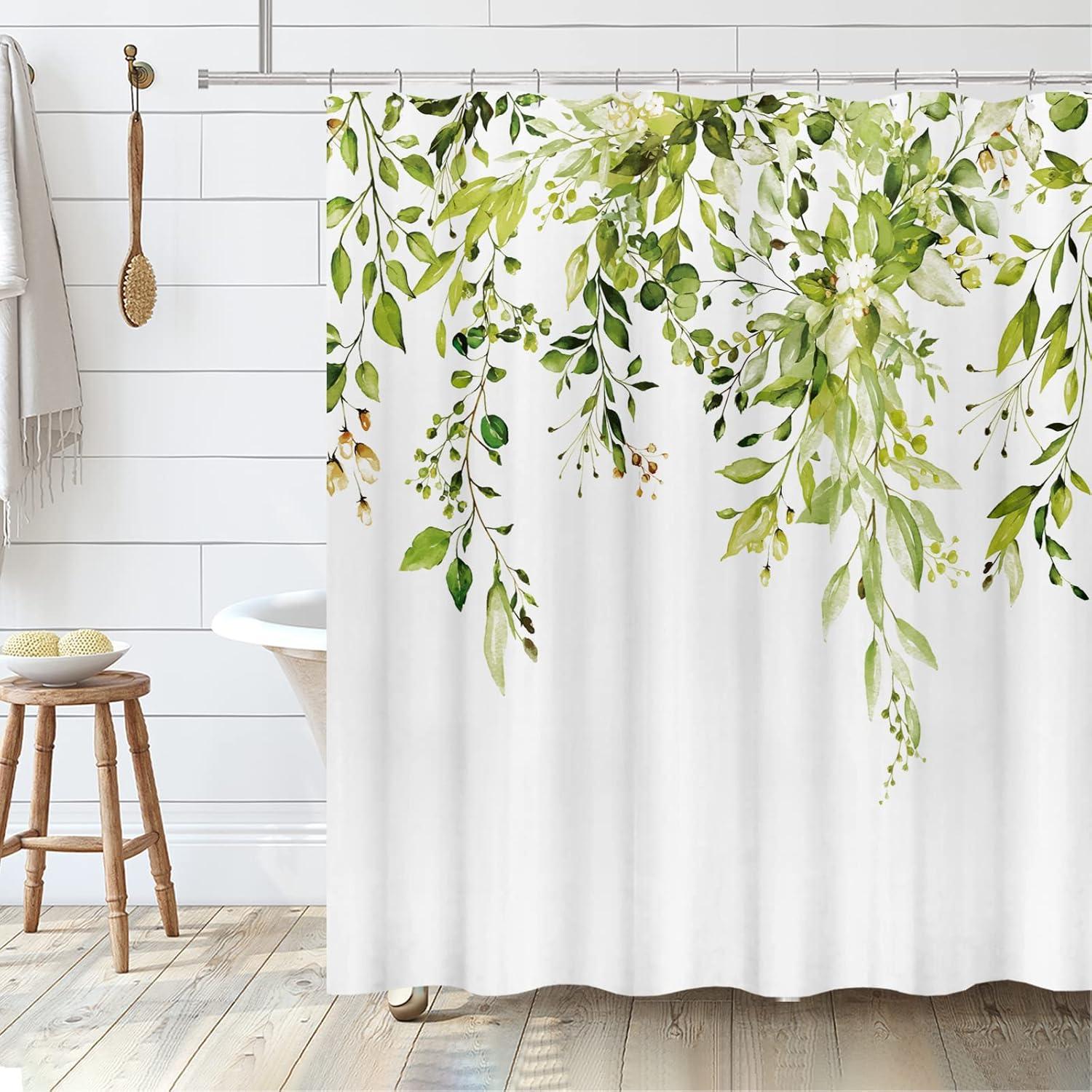 Eucalyptus Watercolor Leaves Semi-Sheer Waterproof Shower Curtain