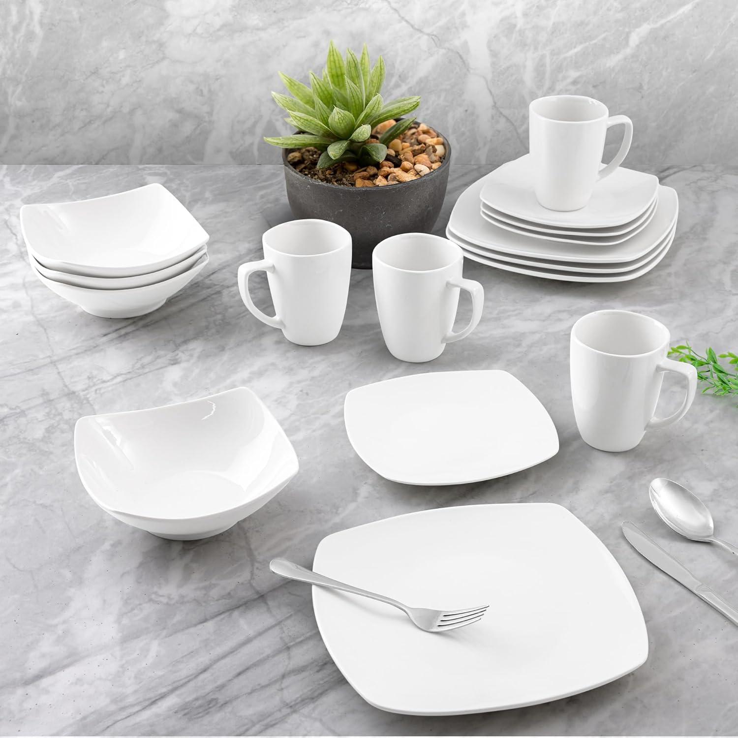 Zulay Kitchen Luna Dinnerware Set, 16 Piece Modern Porcelain Dish Set for 4, Chip and Scratch Resistant Square Plates and Bowls Sets, Microwave and Dishwasher Safe, Pearl White