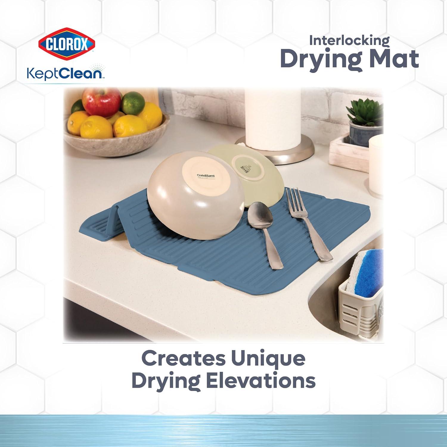Clorox KeptClean Interlocking Non-Slip Dish Drying Mat – Flexible, Foldable, Durable, Quick-Dry Mat, Interlocking Panels for Various Drying Elevations, Folds Compact for Storage - Steel Blue