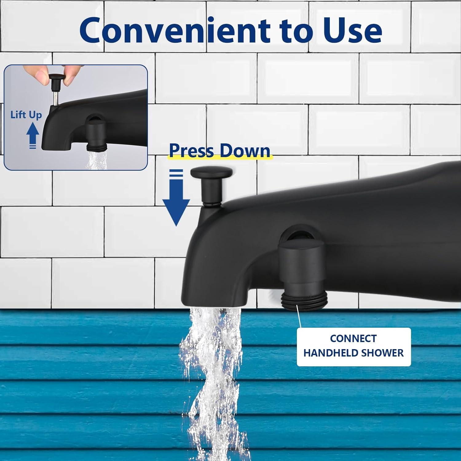 All Metal Tub Spout with Diverter Matte Black, Fits Threaded 1/2" or 3/4" IPS, Tub Faucet with Shower Diverter
