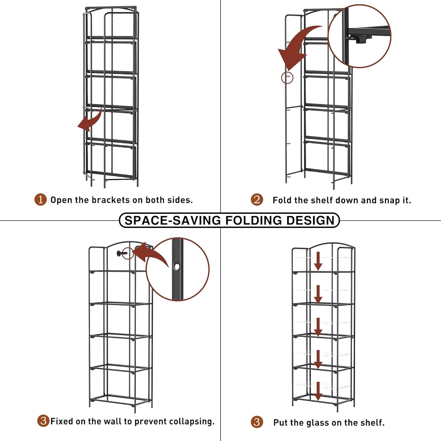 No Assembly Folding Bookshelf, 5 Tier Black Bookshelf, Metal Book Shelf for Storage, Folding Bookcase for Office Organization and Storage, 12.87" D x 22.91" W x 68.1" H