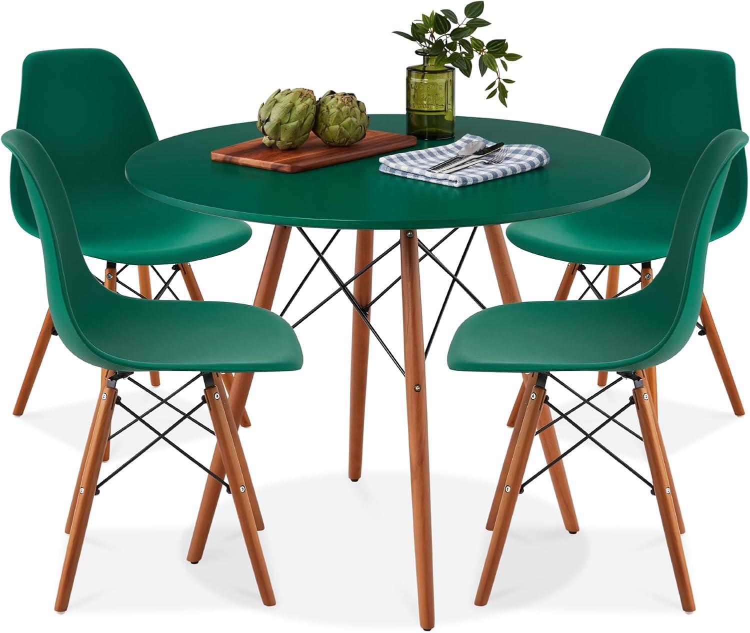Best Choice Products 5-Piece Compact Mid-Century Modern Dining Set w/ 4 Chairs, Wooden Legs - Dark Green/Walnut