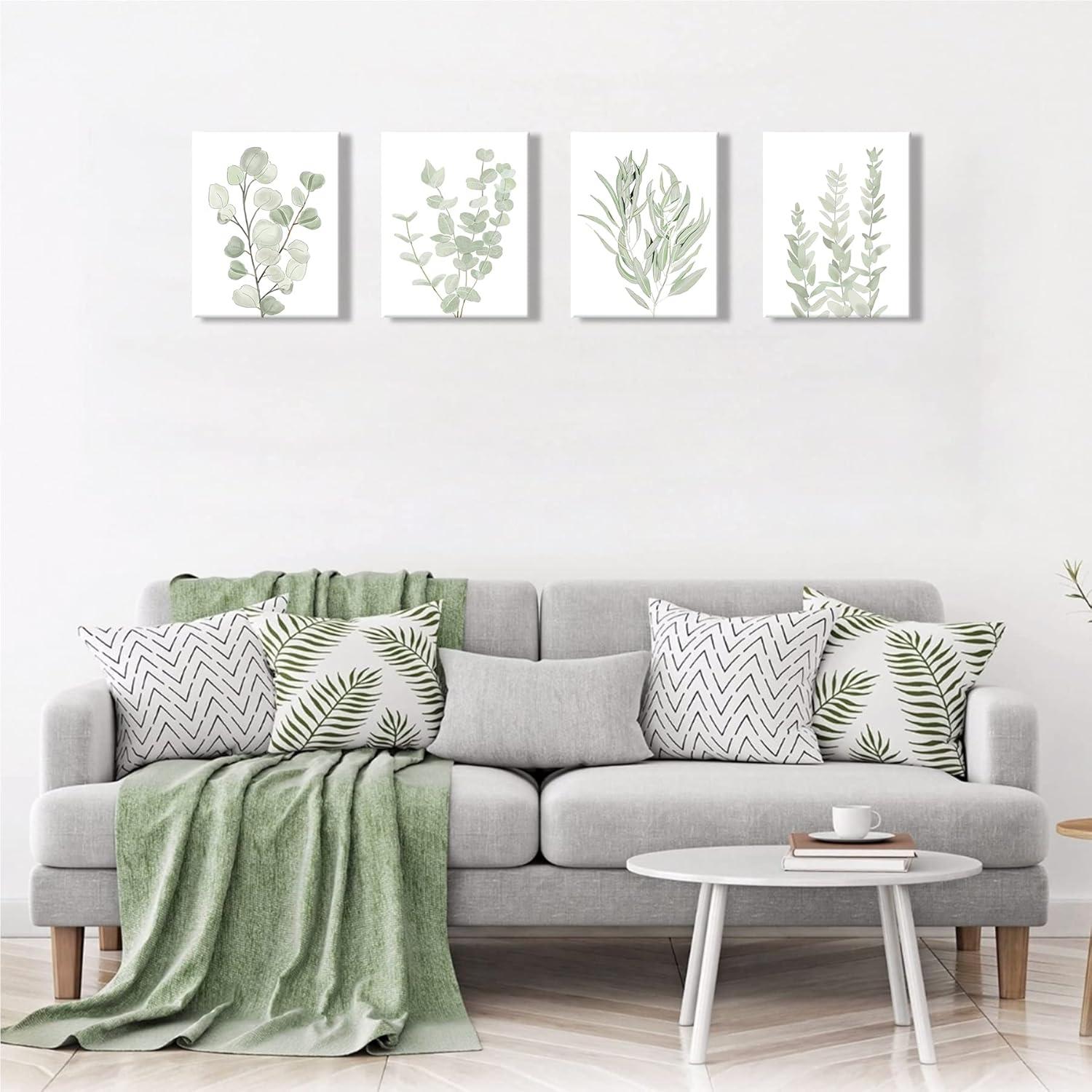 Drsoum Botanical Eucalyptus Light Green Boho Plant Canvas Framed Wall Art Decor 8"x 10" Set of 4